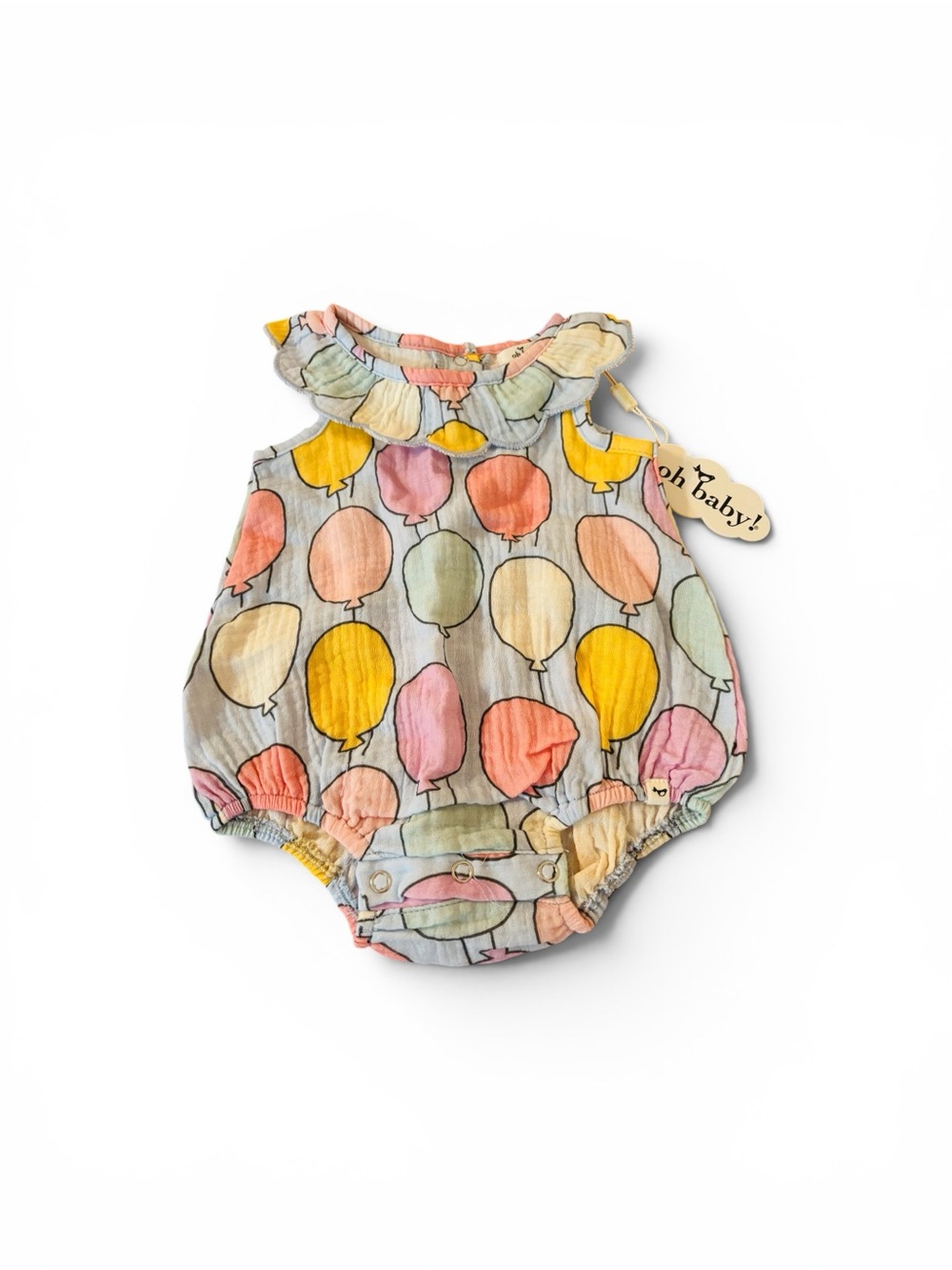 NWT Oh Baby Balloon Print Ruffle Neck Romper - Pastel Multicolor